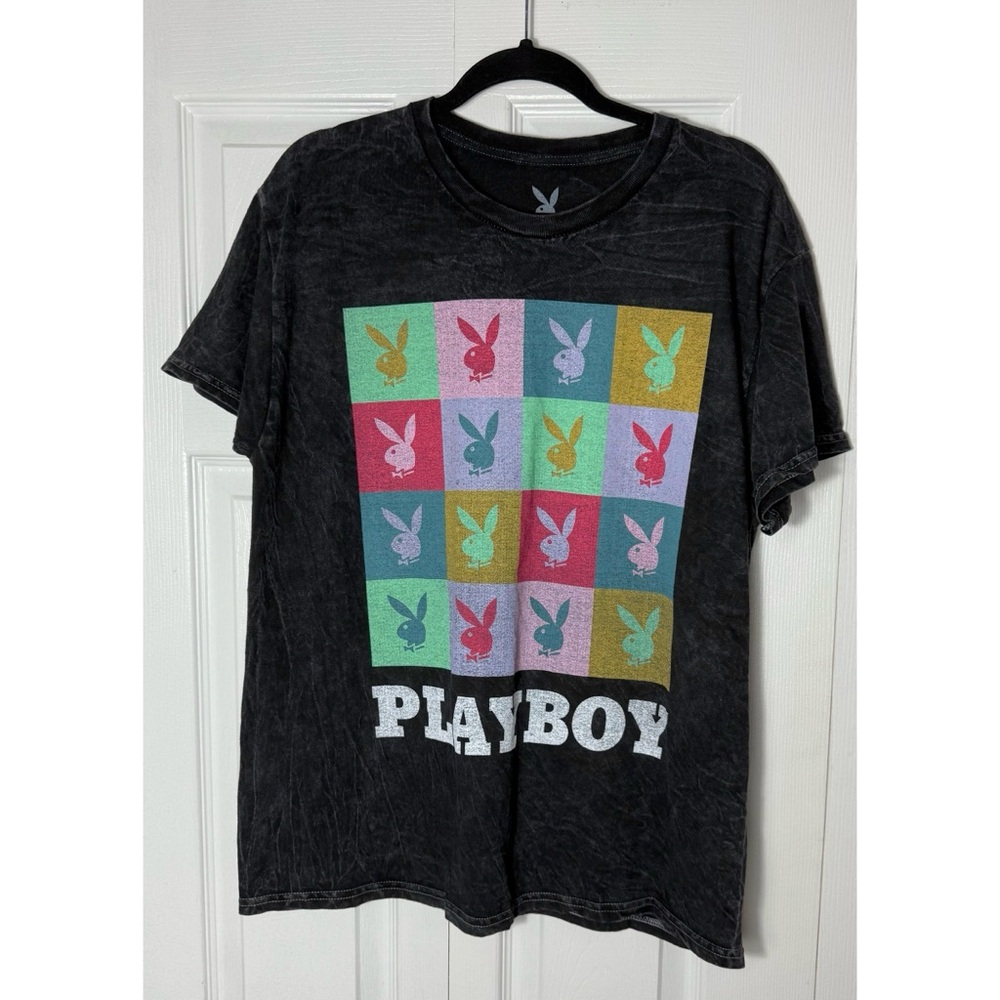 Playboy Washed Black Multicolor Bunny Logo Grid Vintage Graphic T-Shirt Large